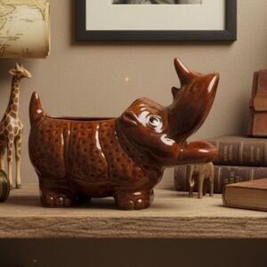 Rhinoceros Planter – 8x5.5x3.5” Brown Glazed Pot – Horn Up Vintage Ceramic Decor